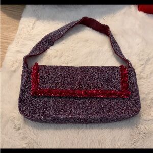 Bloomingdale's Red and Purple Beaded Shoulder Bag